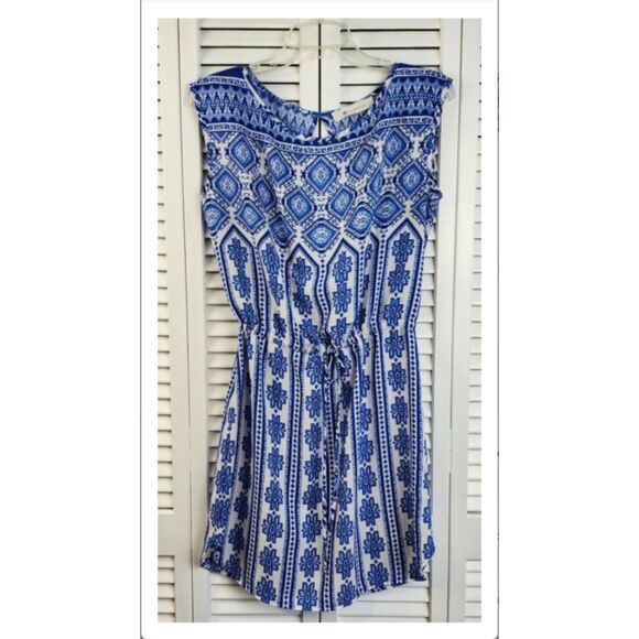 The Impeccable Pig Blue White drawstring Mini Dress S Made in USA Boho Resort - Picture 1 of 8